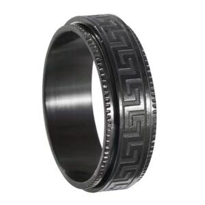 Black Greek Key Spinner Ring - Stainless Steel Fidget Band Textured Edge